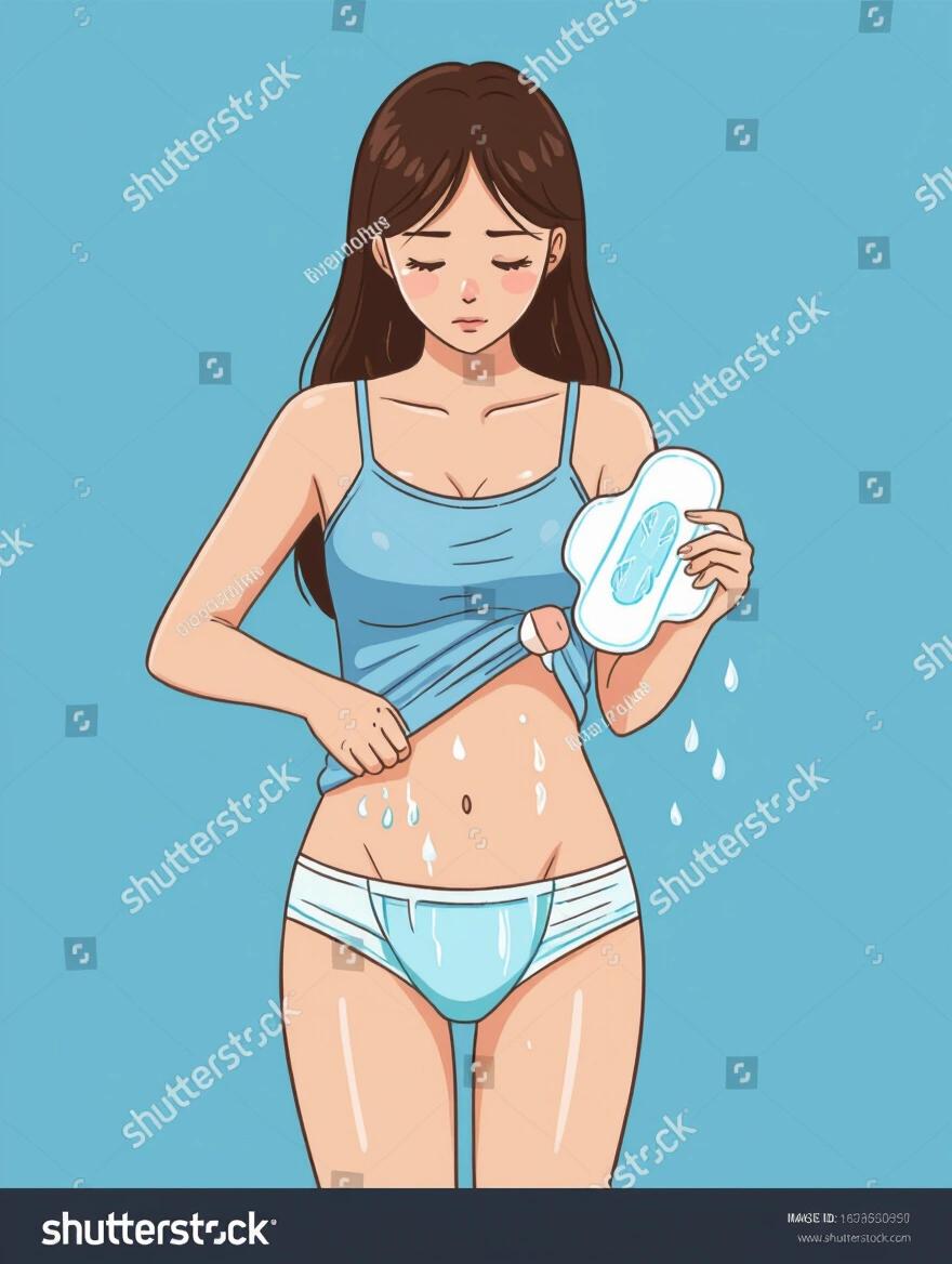 Illustration of a girl standing. She is holding a sanitary pad. It's a light blue background. The girl's expression is emotional. Her undergarment is wet due to menstruation.
