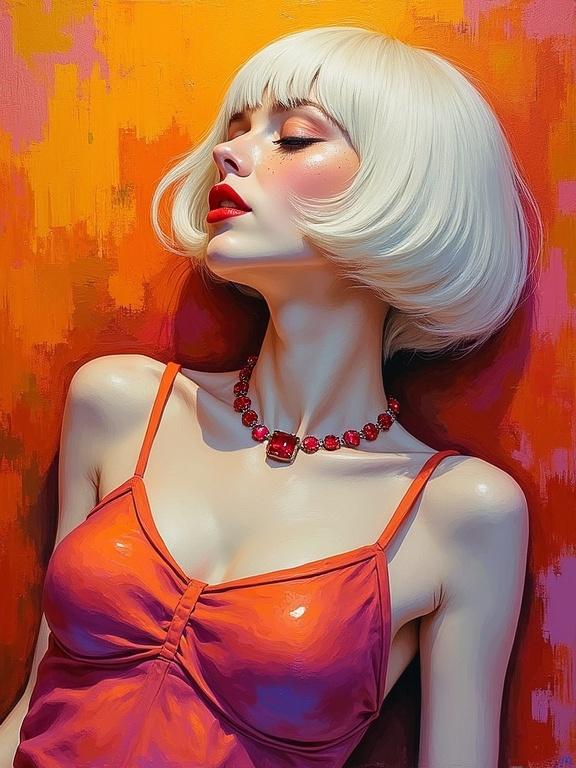 Porcelain-skinned woman with bob haircut. Ruby necklace adorns her neck. Lightly freckled cheeks. Bold red lips. Lounging gracefully. Gaze directed to the side. Vibrant oil painting with thick brushstrokes. Intense colors create a dreamy atmosphere.