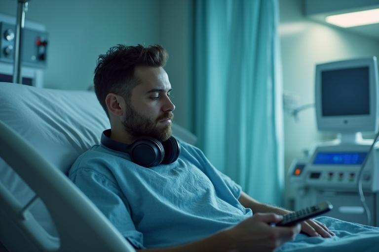 A 26-year-old man sits on a hospital bed. He wears a hospital gown with large headphones around his neck. He holds a TV remote in one hand. The room is softly lit, creating a calm atmosphere. Medical equipment can be seen in the background. The man gazes down, appearing lost in thought.