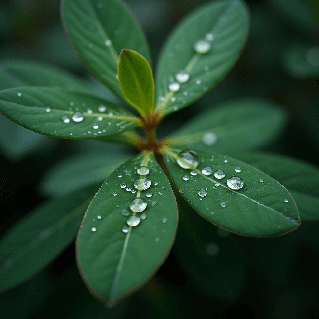 Close-up of green leaves with water droplets on them.