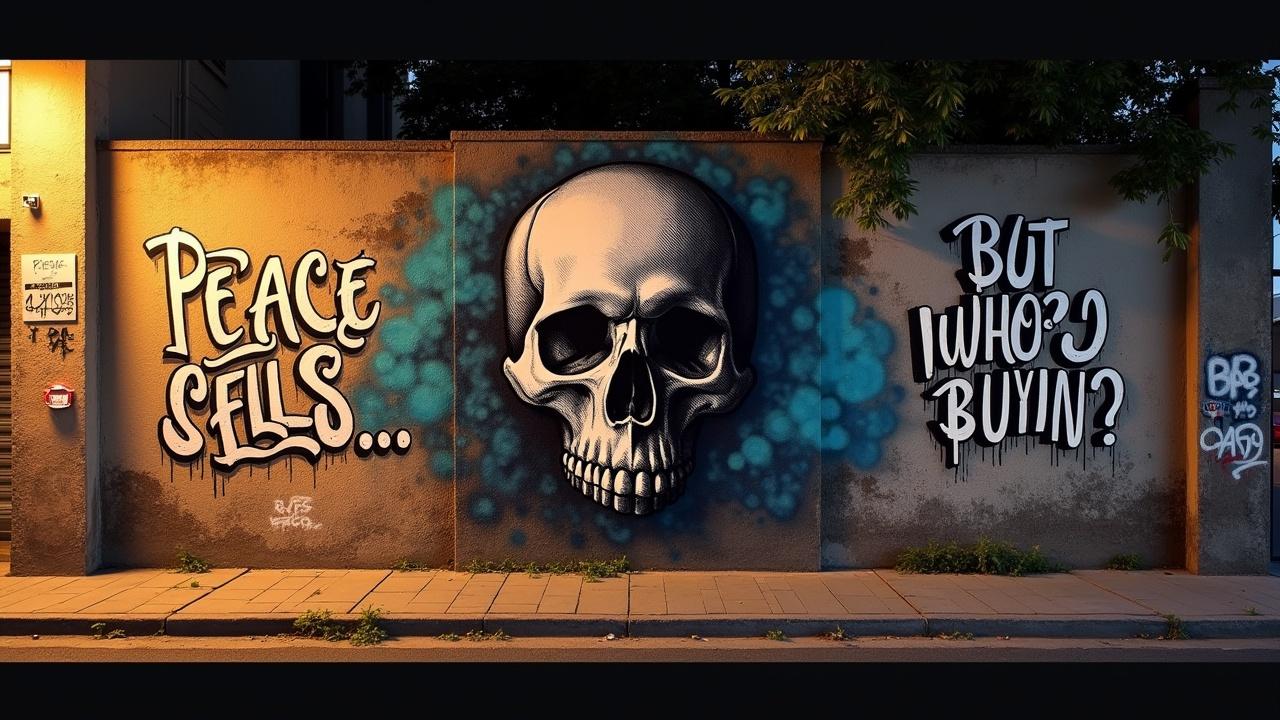 A graffiti mural featuring the phrase 'Peace Sells, But Who's Buyin?' with a large skull in the center, adorned with vibrant colors and urban street style. The mural captures the essence of street art and social commentary.