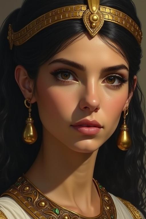 Stylized portrait of Cleopatra VII appears wise regal and mysterious. Focus on her striking features and ornate jewelry.