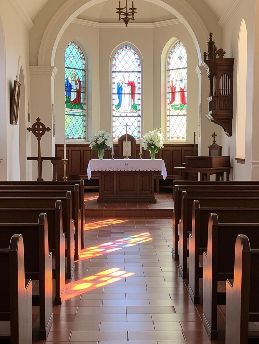 A serene chapel with wooden pews and an altar. Soft daylight comes through stained glass windows. The altar has white lilies. The atmosphere is peaceful.