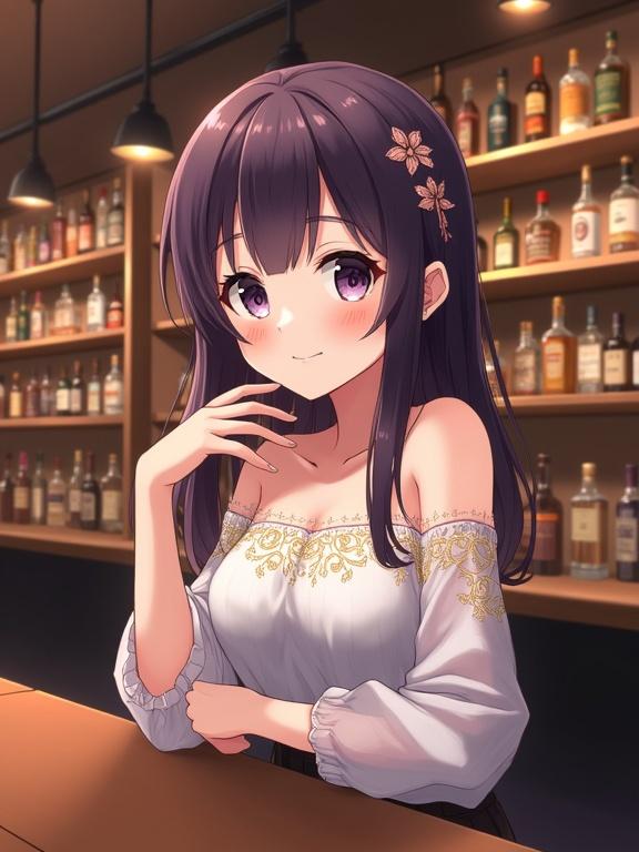 Anime character young woman with dark violet hair in a bar. She has delicate flowers in hair. Light violet eyes and pleasant smile. Off-shoulder white top with gold embroidery and dark skirt. Dimly lit bar background with various beverage bottles. Warm lighting creates inviting atmosphere.