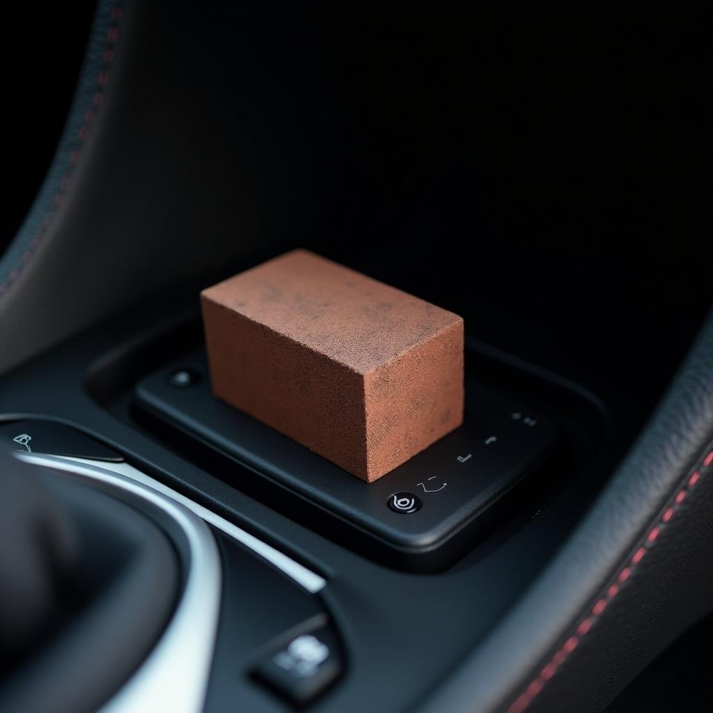 Brick placed on the gas pedal of a car. The interior is dark, with a focus on the brick's placement on the car controls.