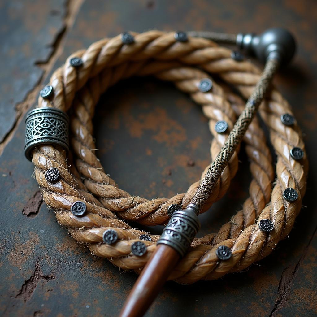 A hand-crafted whip with runes and iron beads. The craftsmanship reflects long-standing traditions. The whip is displayed on a rustic surface.