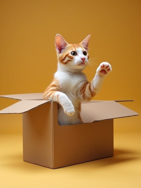 A hyperrealistic orange and white cat trying to escape from a cardboard box. The cat's hind legs are comically kicking in the air. Detailed fur texture shows a playful expression. Shot in a studio with bright lighting from a low angle.