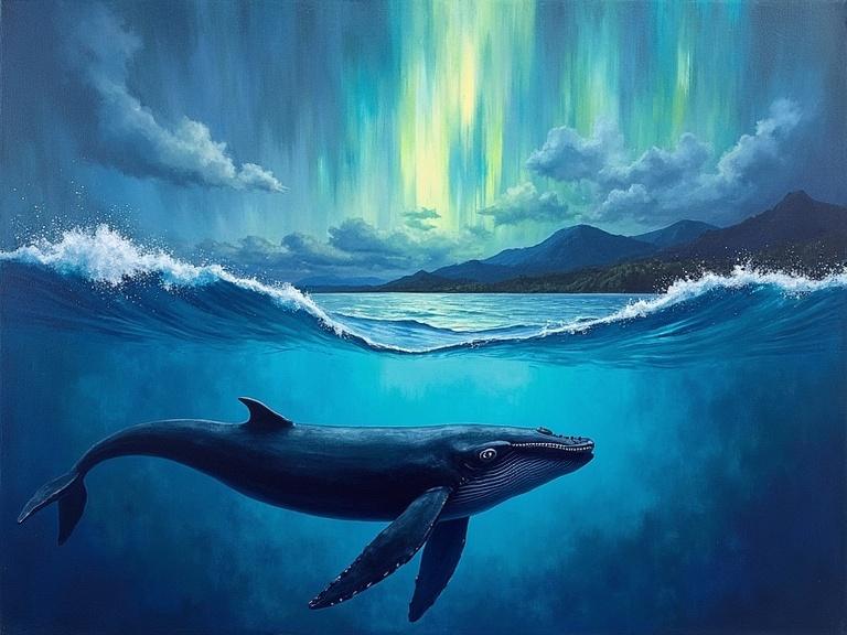 A whale swims beneath the water surface. The aurora reflects above. The style is a surreal impressionist fusion. The sky is watercolor while the whale and waves have an oil texture. The mood is tranquil and mystical. The composition flows diagonally from lower left to upper right.