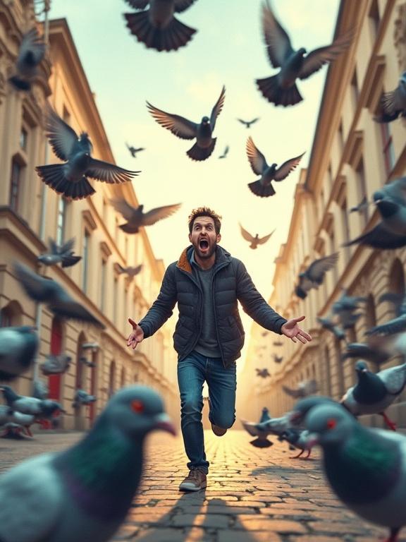 A flock of pigeons approaches the camera. A person ducks in apparent fear. The scene is depicted in a dynamic, comic book style with blurred motion effects.