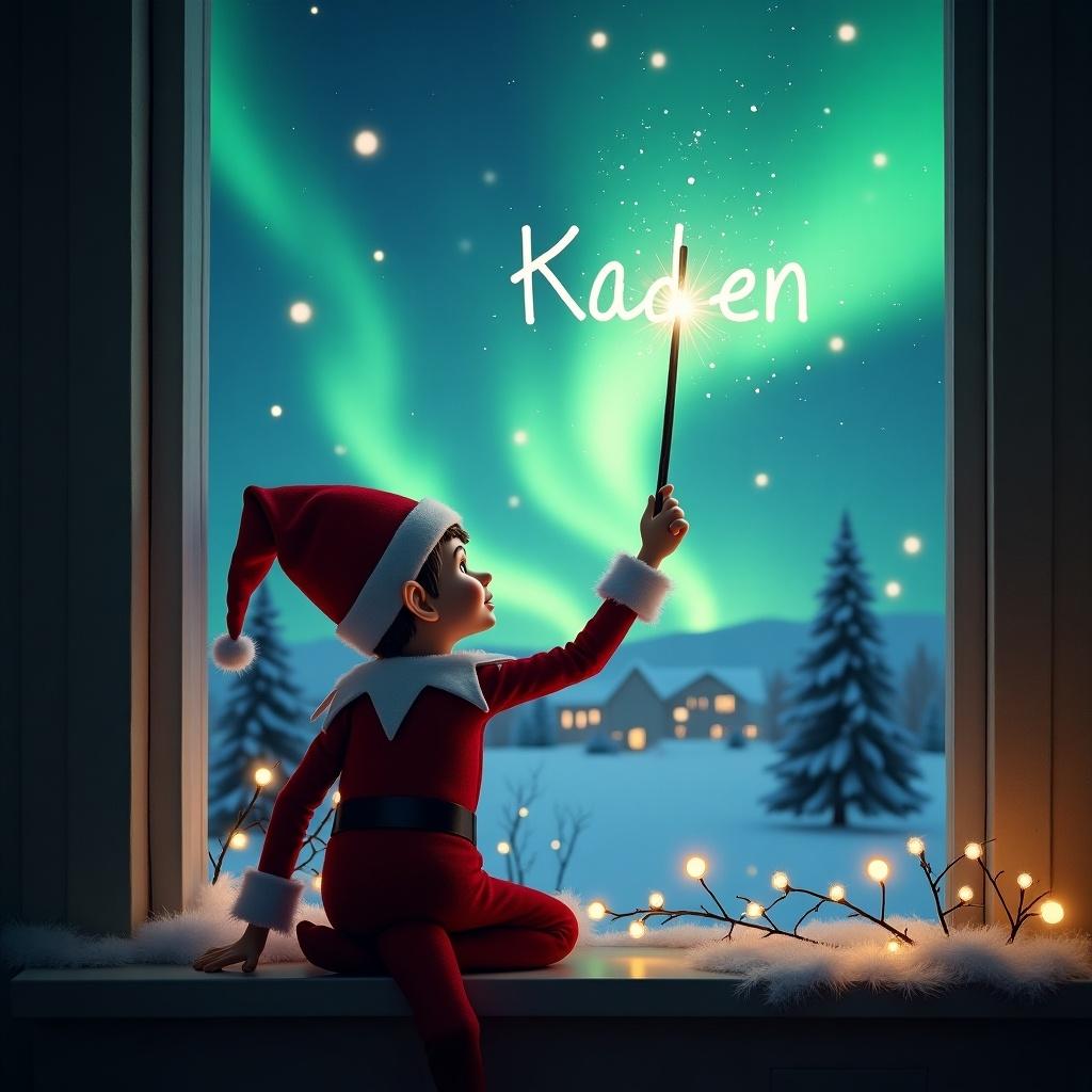 Elf sitting on a window sill with back facing. Elf using wand to write name in the sky. Magical Christmas background with northern lights and Santa.