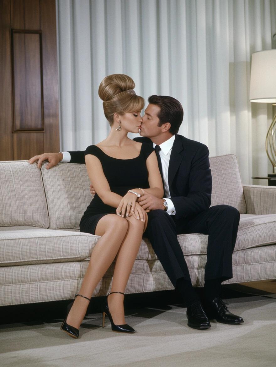 1960s couple sitting on couch. Woman in black dress and beehive hairstyle. Man in suit kissing her. Full body shot. Smooth and sharp focus on romance.
