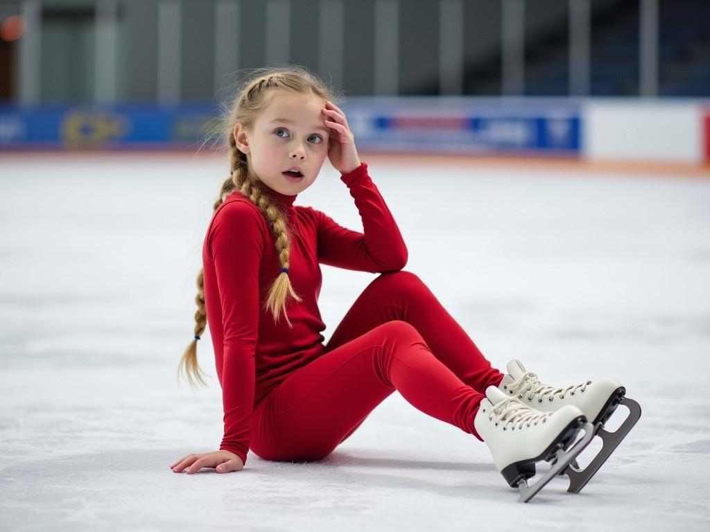 The image depicts a young skater who has just fallen on the ice rink. She wears a striking red outfit, consisting of a long-sleeve top and pants, paired with white ice skates. Her blonde hair is styled in a braid, which falls over her shoulder. The skater is seated on the ice, with one leg extended in front and the other bent at the knee. One of her arms is raised to balance as she sits on the rink, appearing surprised but calm. The background showcases an empty ice rink with barriers indicating a skating arena.