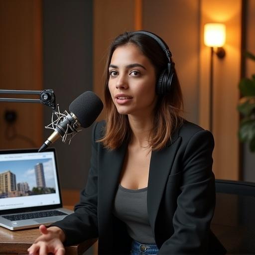 Young woman in a modern podcast studio. Medium skin tone. Shoulder-length styled brown hair. Dressed in a fitted blazer over a top and jeans. Engaged in conversation with a podcast microphone in front. Warm lighting and acoustic panels in the background. Laptop showing property listing. Friendly and professional vibe.