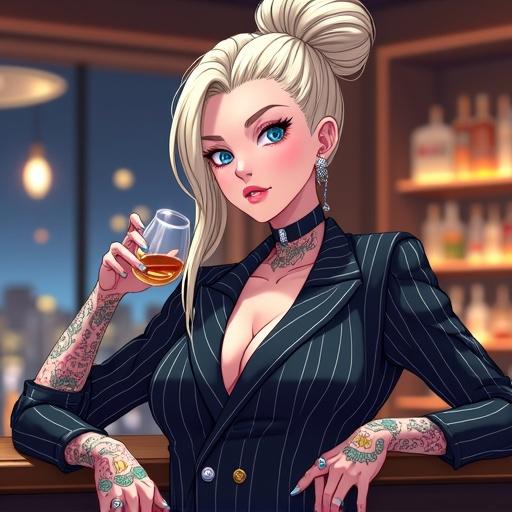 Woman in a pinstriped dress at a bar. She has blue eyes and a high bun. Beautiful face with piercings and tattoos. Wearing light pink lipstick. Muscular with six pack abs. Holds a glass of non-alcoholic whiskey. Inside a luxurious bar at night.