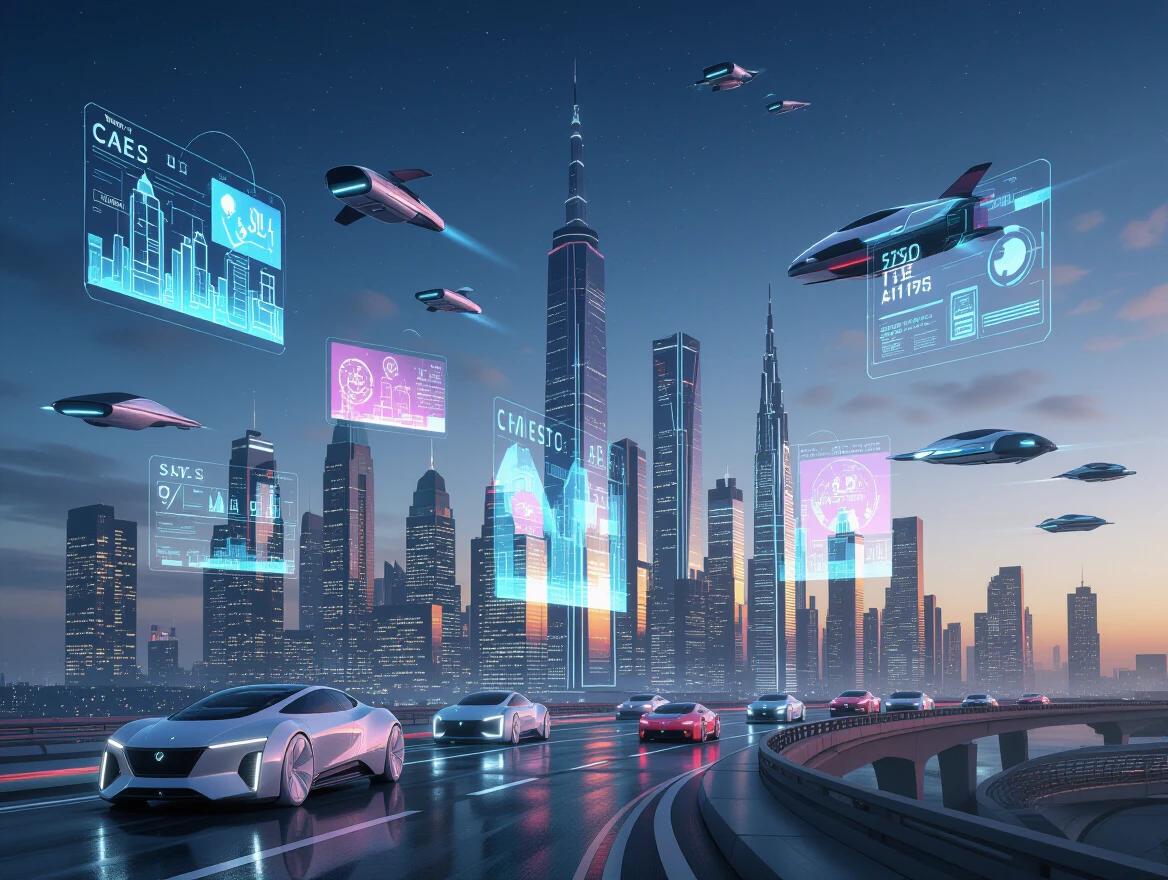 A city skyline depicts advanced technology. Flying vehicles navigate the skyline. Holographic advertisements hover above buildings. The scene is illuminated by city lights. A futuristic design captures the essence of innovation.