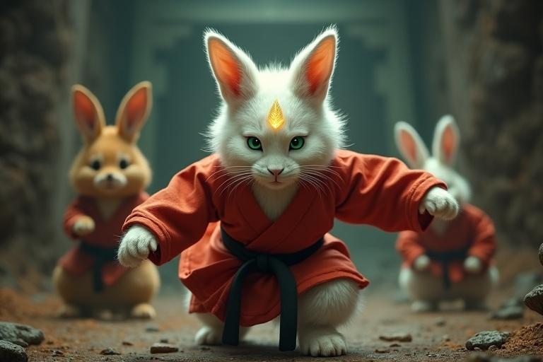 A cinematic scene in a dark fortress. A white rabbit named Kittuu performs karate moves. He wears a light red karate gi and black belt. His forehead has a glowing golden mark. He is accompanied by hooded shadow warriors that are rabbits and dogs. The setting has a mystical atmosphere.