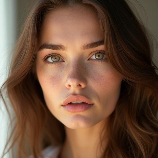 Portrait of a breathtakingly beautiful Russian woman. She has natural asymmetrical beauty features. Skin shows subtle pores and natural texture. Faint freckles and slight tonal variations add hyper-natural realism. Eyes are expressive with bright catchlights. Lips are full and soft. Eyebrows are thick and naturally shaped. Long wavy chestnut hair is sharply detailed. Lighting is warm and soft. A portrait lens captures a cinematic style. Face and hair are hyper-detailed.