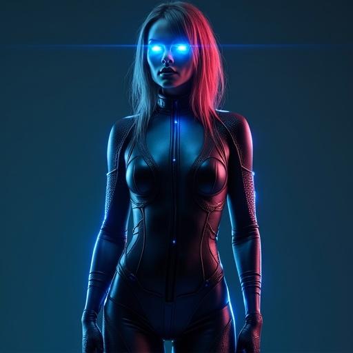 Futuristic female figure in a Star Trek-inspired bodysuit. Blue hypnotic eyes enhance the look. RGB LED lighting creates a vibrant appearance.