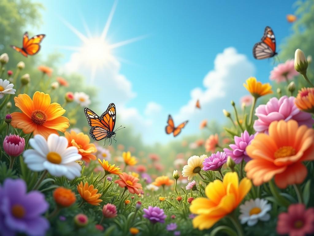 This digital artwork beautifully captures a vibrant meadow filled with a variety of colorful flowers under a bright, sunny sky. Monarch butterflies gracefully flit between the blossoms, adding a sense of movement and life. The scene evokes a sense of tranquility and joy, reminiscent of a perfect spring day.