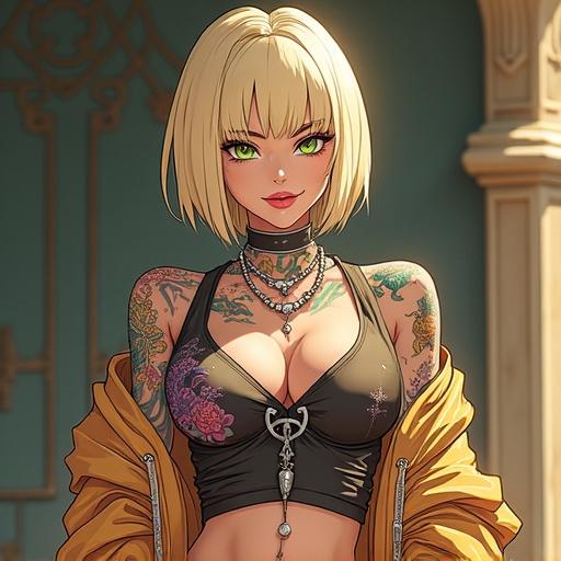Anime character in futuristic Tokyo. Woman appears 40 years old. Emerald green eyes and beautiful facial features. Light blonde blunt bob hairstyle. Wearing sexy streetwear with mantis dragon pattern. Big breasts and muscular arms. Double belly button ring and earrings. Striking a badass pose. Modern mega mansion setting filled with trophies.