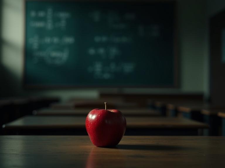 A red apple on a desk in a dimly lit high school classroom. Math equations faintly written on a chalkboard behind. Shadows create a tense atmosphere for a cinematic thriller vibe.
