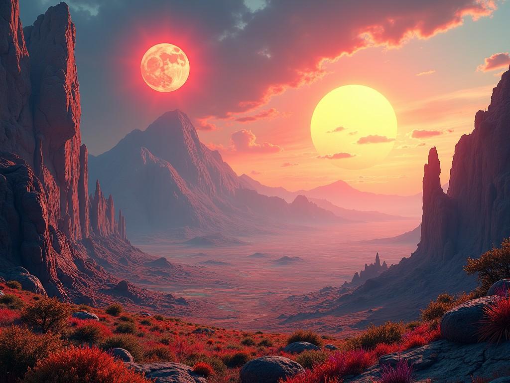 A vibrant and surreal landscape is depicted, featuring two suns setting over a rugged, otherworldly terrain. The scene is bathed in warm hues of red, orange, and pink, creating a dramatic and ethereal atmosphere. Towering rock formations frame the scene, while patches of alien flora dot the foreground, adding to the fantastical ambiance.