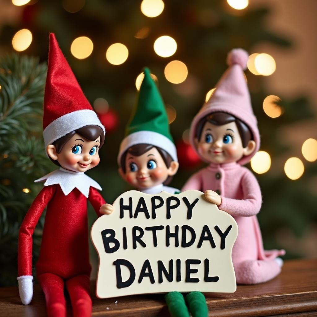 Three elves on the shelf celebrate a birthday. Red elf, green elf, and a baby girl elf hold a sign. The sign reads 'Happy Birthday Daniel.' Holiday lights are in the background.