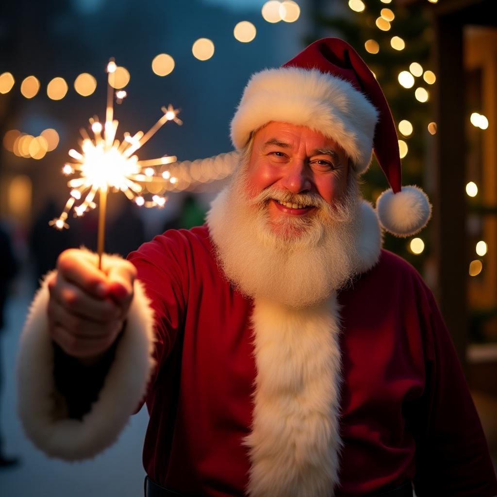 Santa Claus smiles while holding a sparkler. The atmosphere is cheerful and magical.