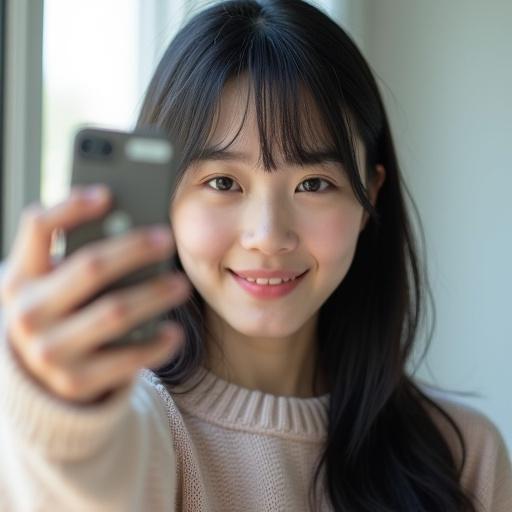 Realistic self-portrait of a young woman with straight black hair and bangs. She holds the camera in a selfie pose, smiling gently. Wearing light makeup and a pastel sweater. Captured in soft natural light from a window. Shallow depth of field, portrait orientation.