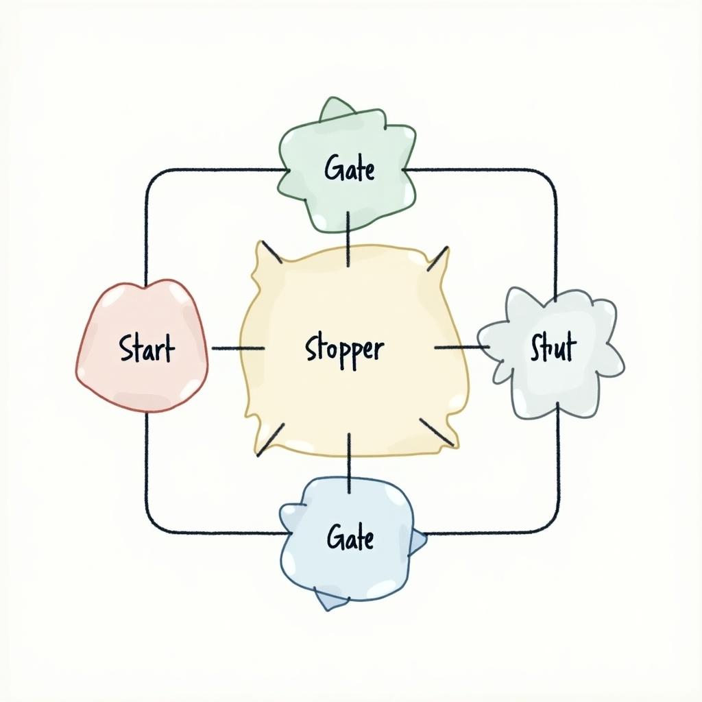 A schematic diagram illustrating a Raspberry Pi configuration for stopper functionality. The central part of the diagram is labeled 'Stopper' in yellow. It features gates: one labeled 'Start' in red and another labeled 'Stop' in blue. Additional elements include two gates in green and light blue. The overall design is simple and educational, perfect for illustrating how to control a stopper mechanism using a Raspberry Pi. Each element is color-coded for easy understanding and navigation.