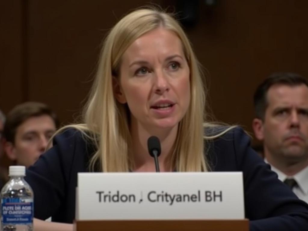 This image shows a person speaking during a formal event, likely a congressional hearing. The individual has long blonde hair and is wearing a dark top. They are seated at a table with a microphone in front of them, indicating they are likely providing testimony or making a statement. The background has a blurred effect with individuals and elements that suggest a governmental setting. The focus is on the speaker's confident posture and engagement with the audience.