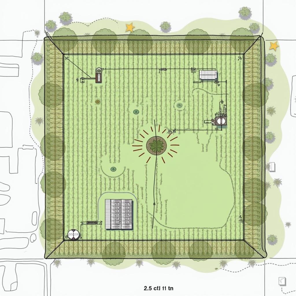 Aerial view layout for a 2.5-acre farm. Includes dairy unit for 5 cows, duckery and fisheries with a pond, horticulture plants around boundaries, crop production area, and pathways with buffer zones.