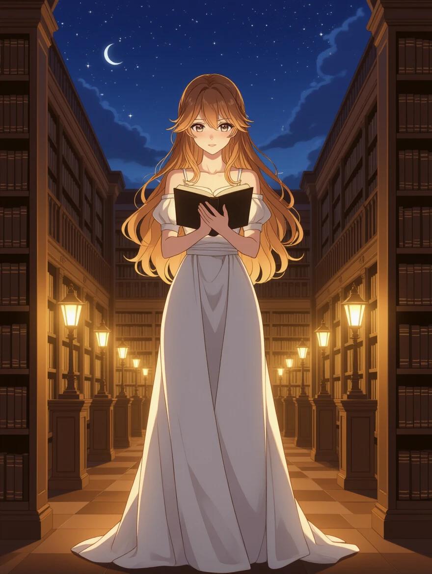 Full-body vertical image of a female character in a classical European-style library at night. Character stands upright holding an open book, relaxed yet composed. Long wavy hair in light chestnut color with golden highlights. Elegant ivory-white wool coat and matching accessories. Warmly lit library with tall bookshelves and soft glow from lamps. high arched window allowing cool moonlight into the scene. Viewed from slightly elevated angle in refined anime style.