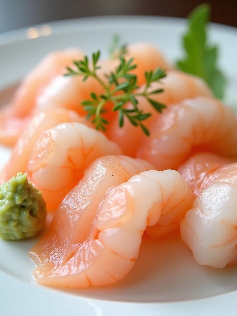 Plate of delicate pink prawn sashimi in thin slices. Smooth texture and natural sheen visible. Garnished with wasabi slice of lime and microgreens.