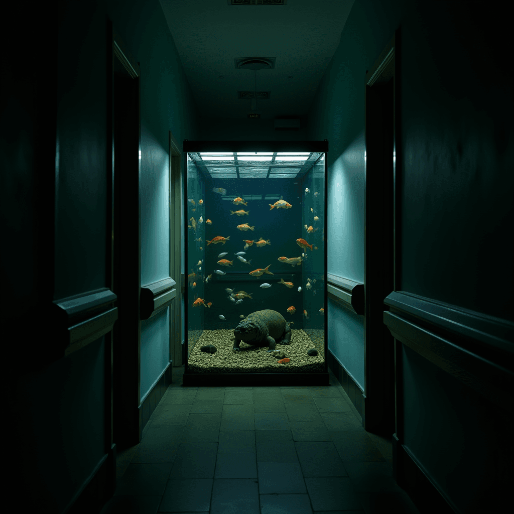 A hippo swims in an illuminated aquarium hallway filled with colorful fish.