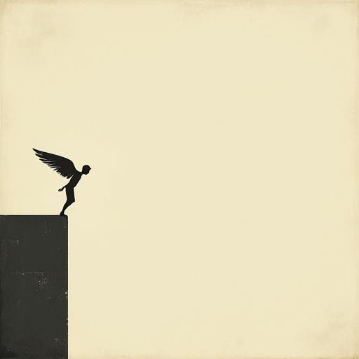 Minimalist tiny vintage human with wings jumping from the edge of a building. Illustration shows oversized objects with vast negative space. Clean background presents elegant composition. Subtle grain texture conveys modern poetic tone.