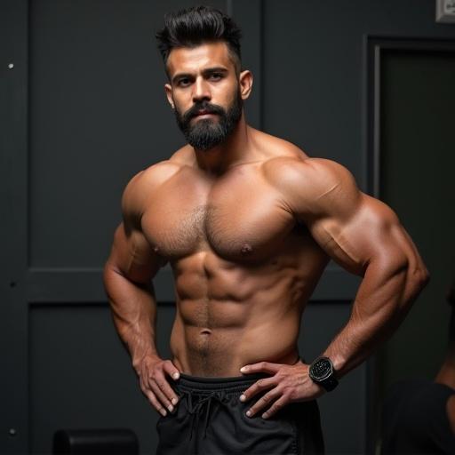 A muscular man posing confidently in a gym setting, showcasing a well-defined physique and strong build. The background features dark colors, emphasizing the focus on fitness.