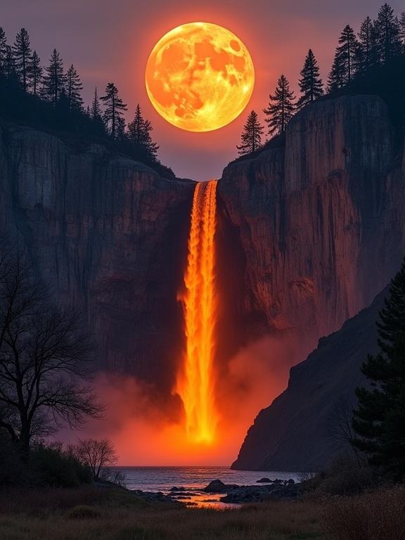 Dramatic natural scene with a glowing waterfall resembling molten lava. Large reddish-orange moon positioned above. Waterfall flows down a steep, rocky cliff. Rugged cliff with gray and brown shades. Narrow vertical stream illuminated by moonlight. Fireball moon casting an eerie glow. Dark sky with purple and gray gradient. Faint clouds adding texture. Clusters of trees at the base of the cliff, including evergreens and sparse deciduous trees. Grass and rocky terrain below in muted tones. Striking scene with glowing elements.