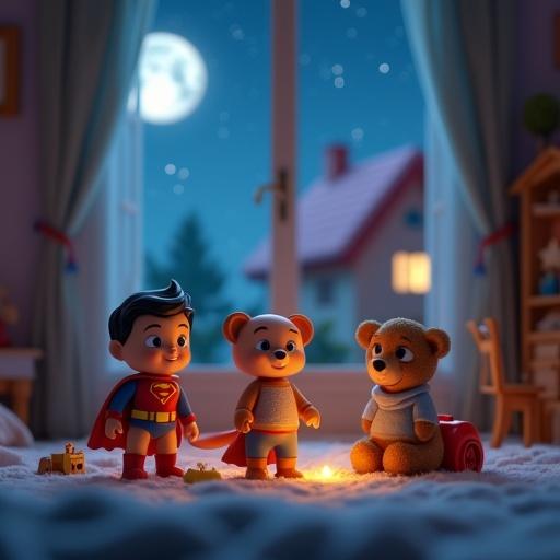 3D animated scene in a cozy child’s bedroom at night. Toys like a superhero figure and teddy bear stand together. Room is softly lit by moonlight with glowing toys. Vibrant colors and starry sky. Toys have human-like features.