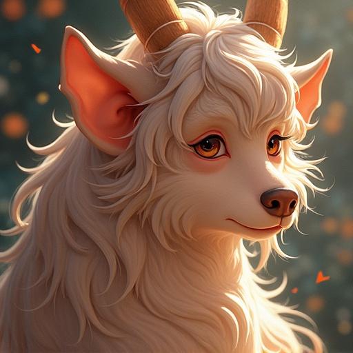 A stylized animal character with horns and soft features. The character has big expressive eyes and a fluffy white coat. The background features a warm color palette with soft lighting effects.