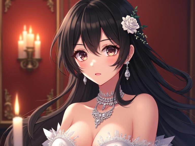 Anime girl with black hair wearing a white off-shoulder dress. Dress adorned with diamonds. Character has a white rose in her hair. Soft candlelight creates a luxurious atmosphere. The face is highly detailed and expressive. The artwork is sharp and of high quality.