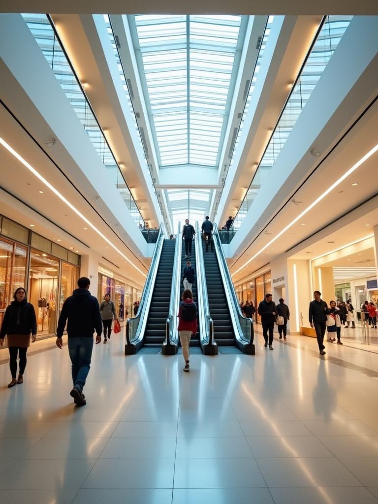 A brightly lit shopping mall with people walking in wide corridor. An escalator goes to the third floor under clear overhead skylight.