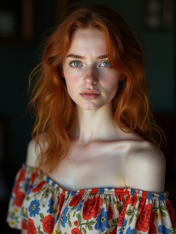Portrait of a young woman with wavy auburn hair and blue eyes. She wears an off-the-shoulder floral blouse. The background is slightly blurred. Light illuminates her face softly. She has a calm expression.
