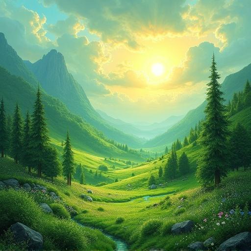 Beautiful green valley with rays of sunshine illuminating the landscape. Mountains in the background and a serene river flowing through the meadow.