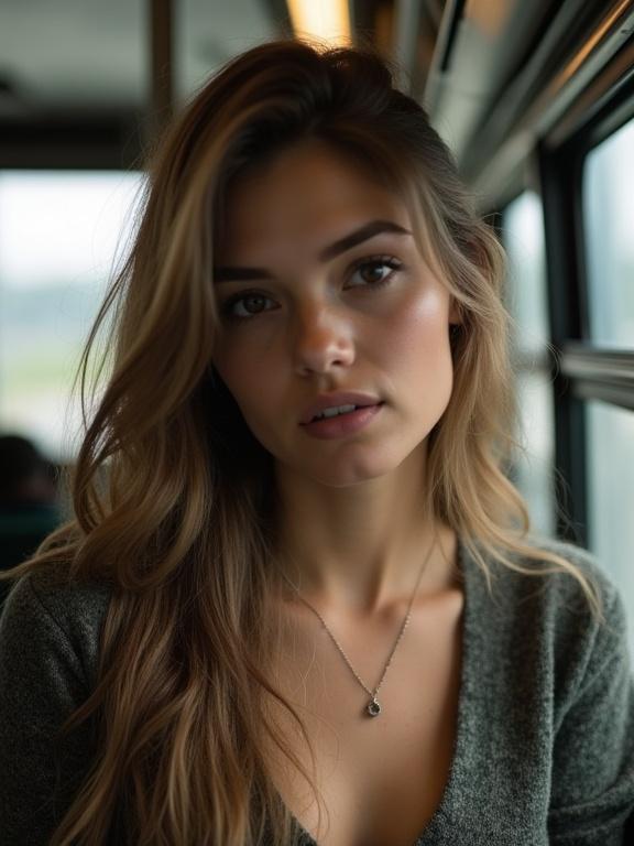 Amateur low-quality photo featuring a beautiful woman on a bus. Focus on her neckline and facial expression.