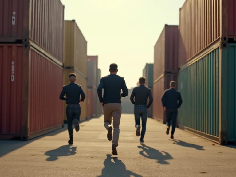Photorealistic image of four men running in a freight container yard. Young man leads. Four men follow closely behind. Scene captures dynamic movement and setting.
