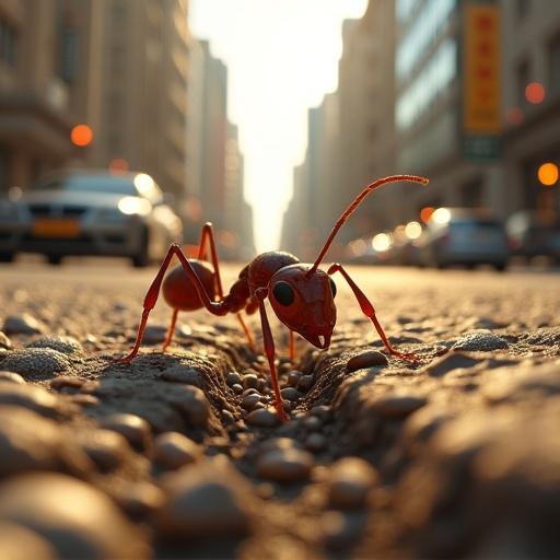 Ultra-realistic 3D render viewed from an ant’s perspective in a bustling city. Scene includes giant human feet cars and towering buildings. The ground has cracks and large pebbles. Faceted mosaic effect simulates compound vision. Ambient light creates vibrancy and deep shadows evoking curiosity. High detail captured in macro.