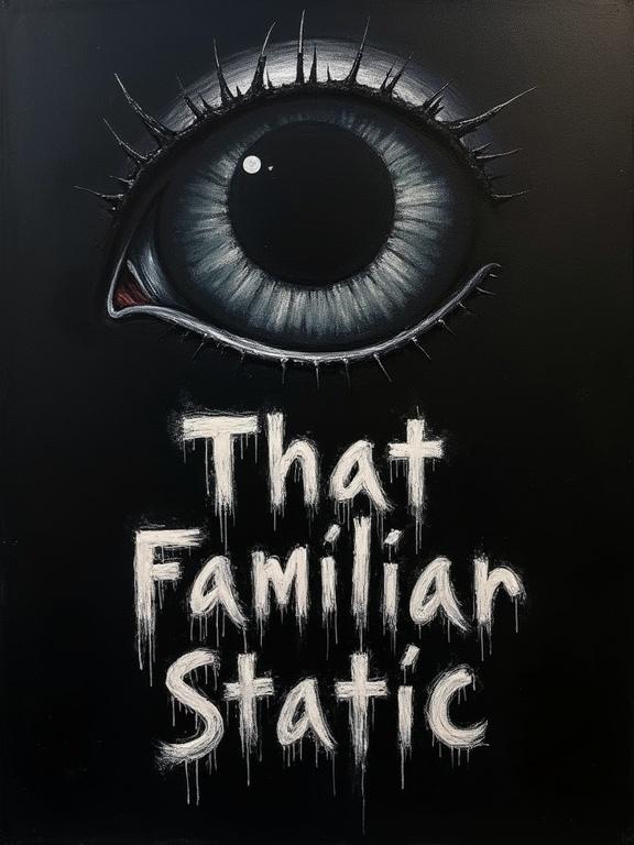 An extremely rough oil painting on a black background features a giant silhouette eye filled with a cosmic void. Below the eyelid, white distorted shadows spell out 'That Familiar Static' in rough lettering.