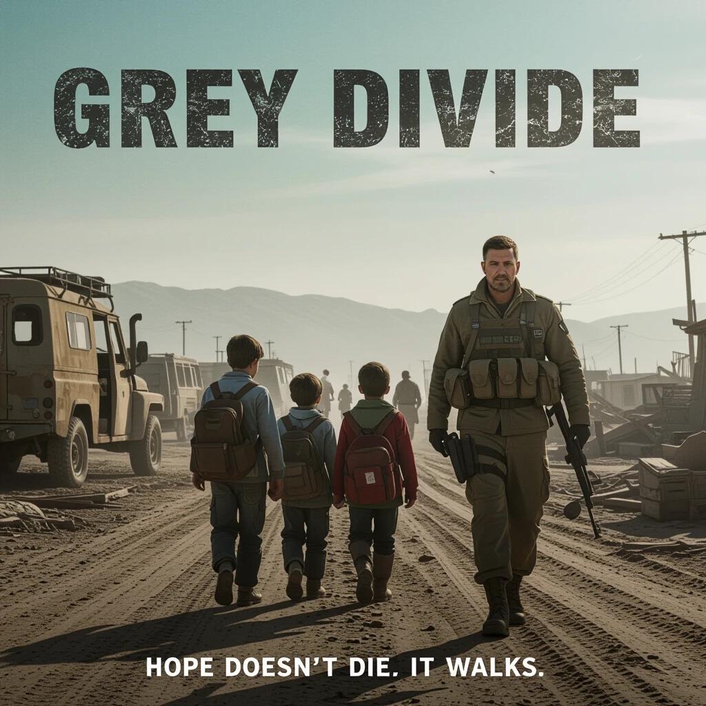A former military chaplain leads orphans in a wasteland. Dusty environment. The group walks towards a distant sanctuary. A message of perseverance and hope is conveyed. The backdrop features desolate terrain and vehicles.