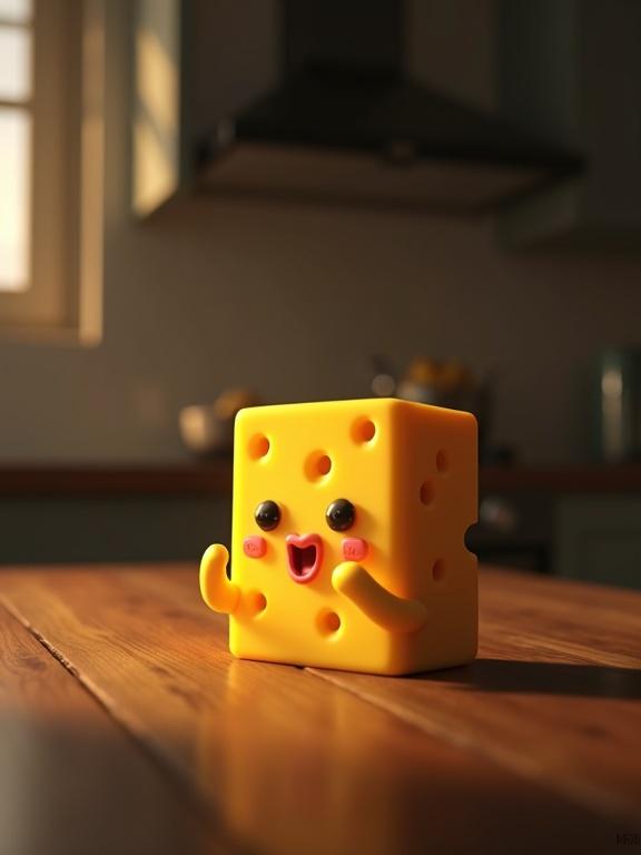A playful piece of cheese with a cheerful face sits on a wooden kitchen countertop. The scene is warmly lit with a cozy kitchen background.